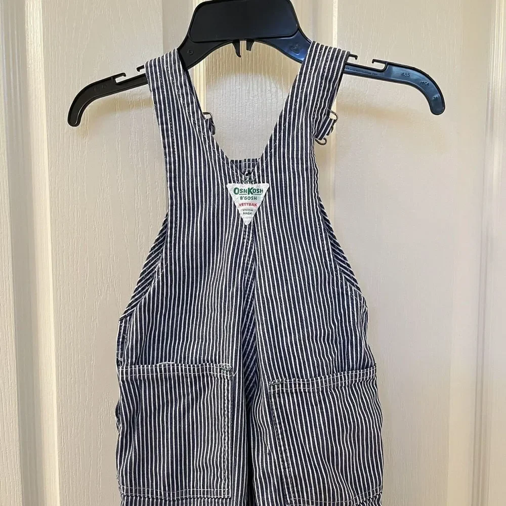 Vintage Oshkosh B'Gosh Kids Union Made Sanforized Overalls Blue Railroad Striped